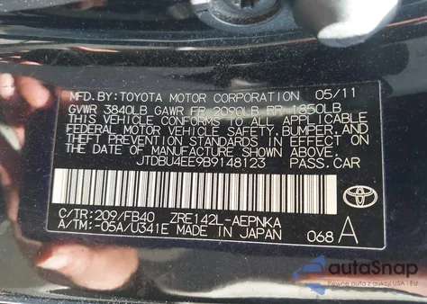 2011 Toyota Corolla Le z USA, uszkodzony, nr VIN JTDBU4EE9B9148123
